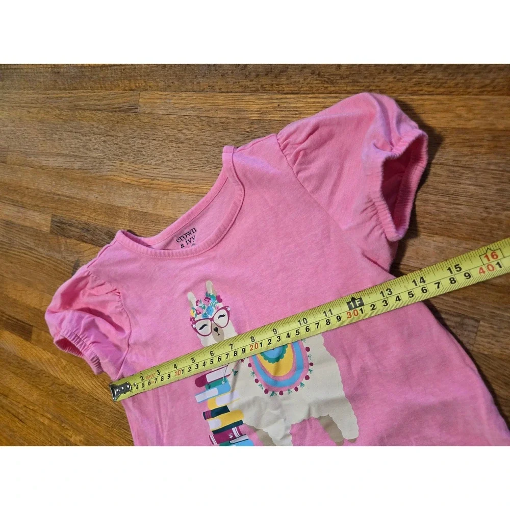 Crown & Ivy Girls Medium Pink‎ Llama Books Puff Short Sleeve Striped Short Set